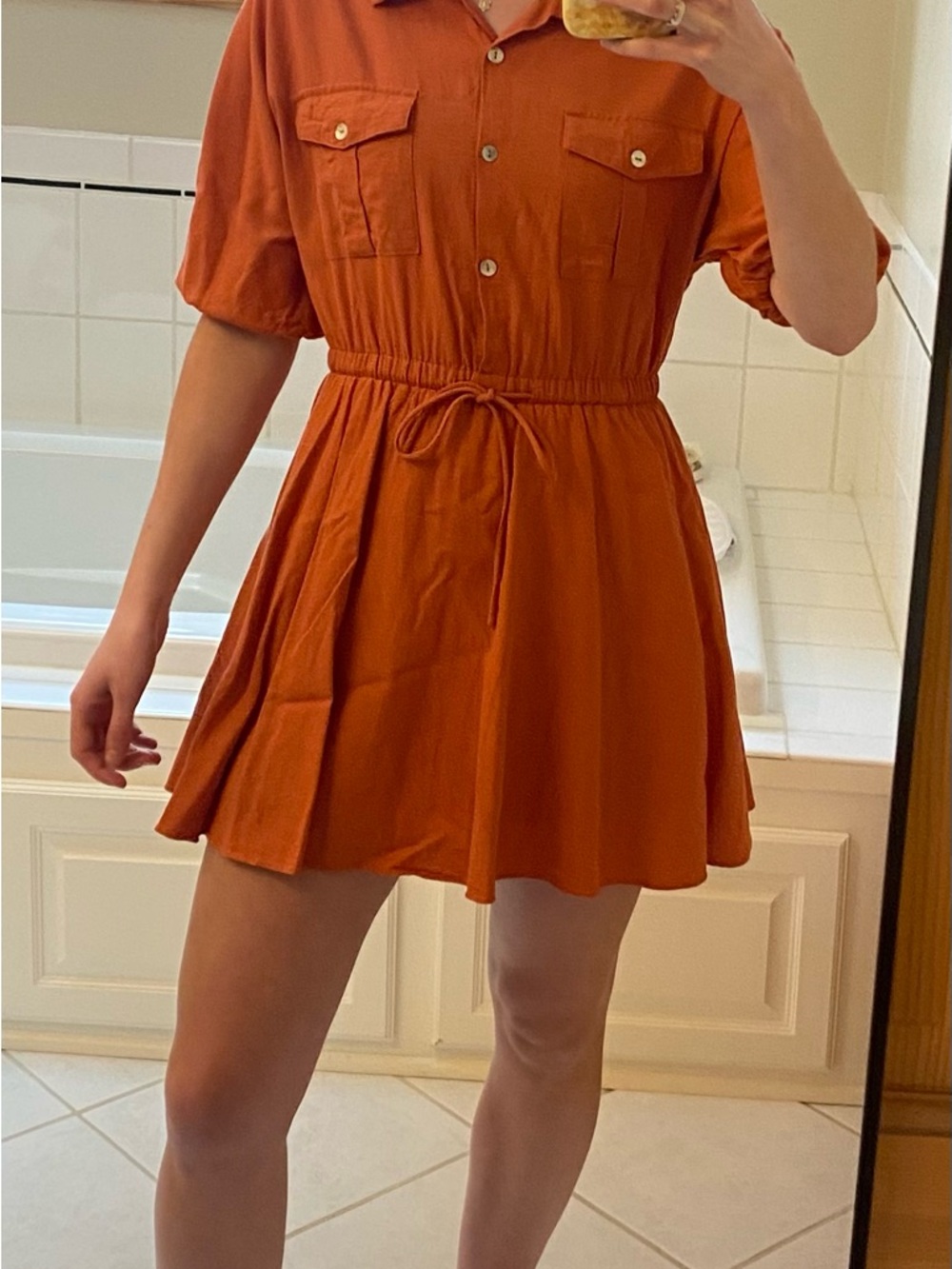 Petal & Pup Rust Orange Short Shirt Dress with Drawstring Waist